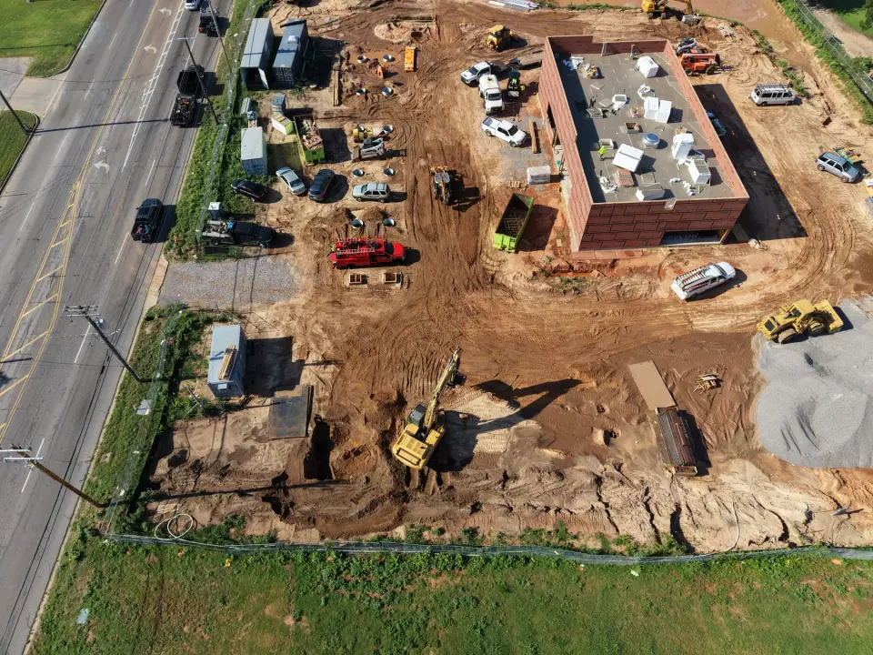 Aerial overview of the site early in construction