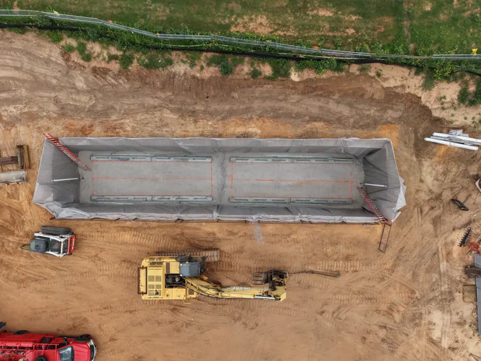 Overhead view of the prepared tank pit