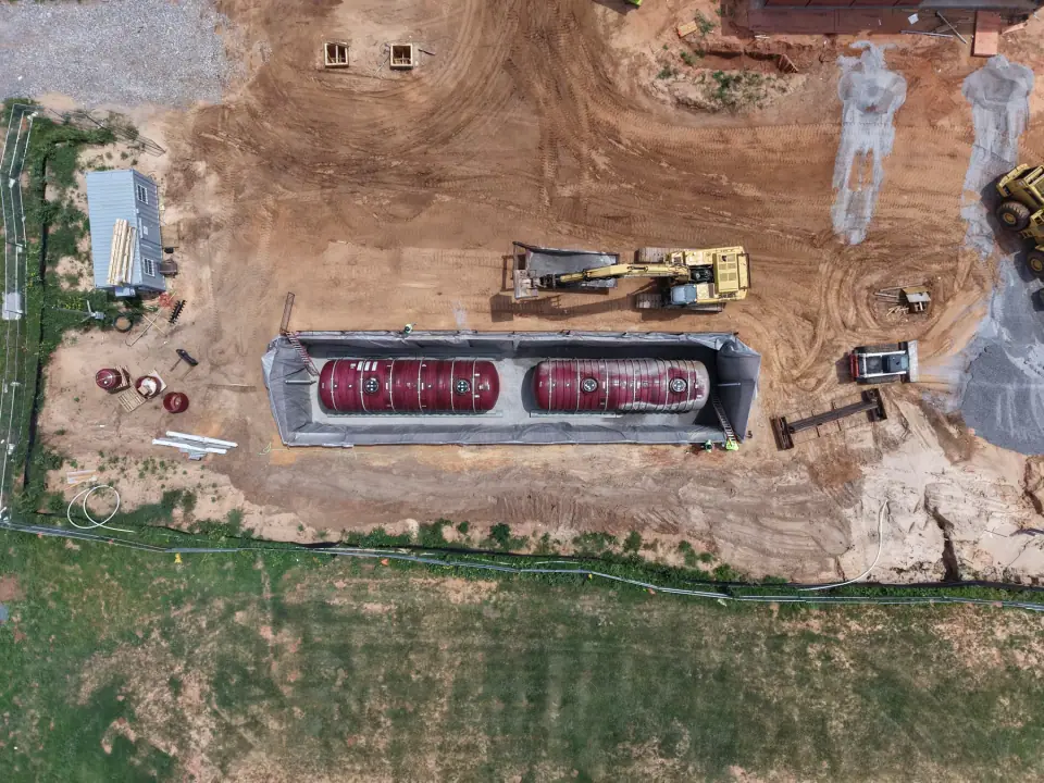 Both tanks set in the excavation, viewed from above