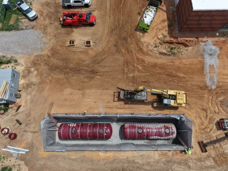Overhead view of the two tanks set in the pit