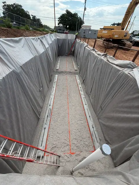 Lined tank excavation with bedding and marked tank positions