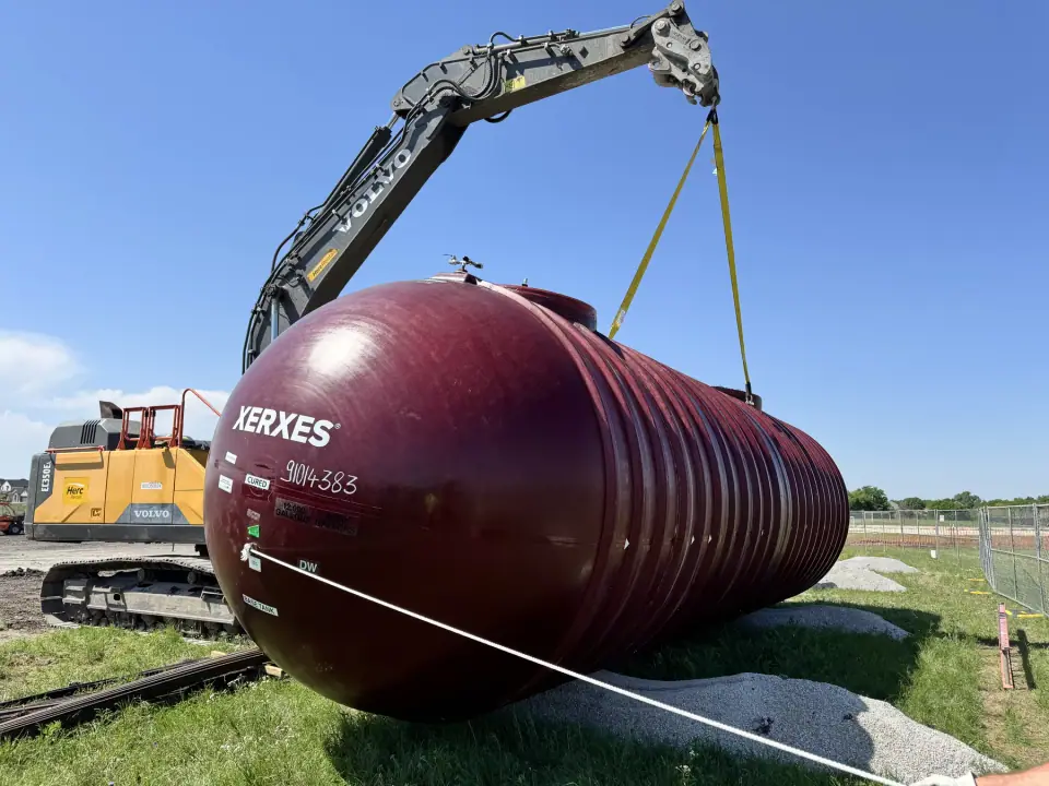Close view of a double-wall fiberglass tank in the air