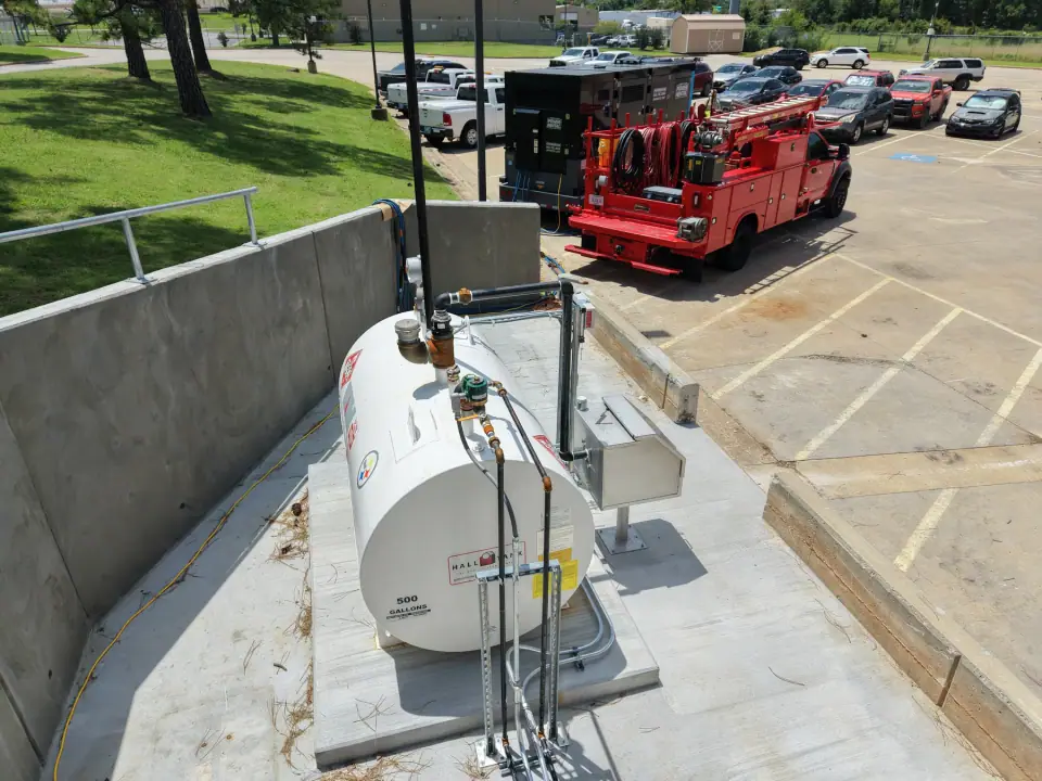 Tank and piping with Scissortail service trucks on site