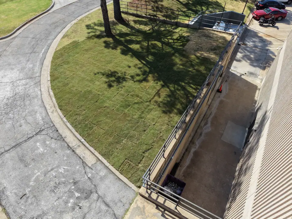 Overhead view of the restored site beside the building